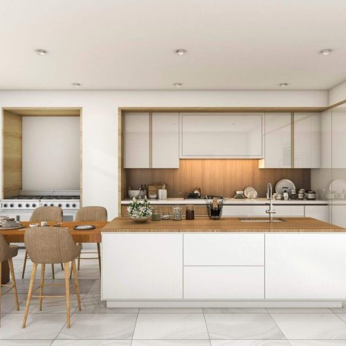 3d rendering scandinavian kitchen and dining room with nice tile