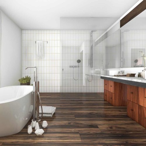 3d rendering wood and tile design bathroom near window an curtain