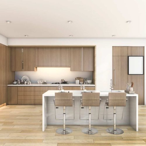 3d rendering wood bar kitchen and dining near window