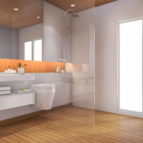3d rendering wood bathroom and toilet near window