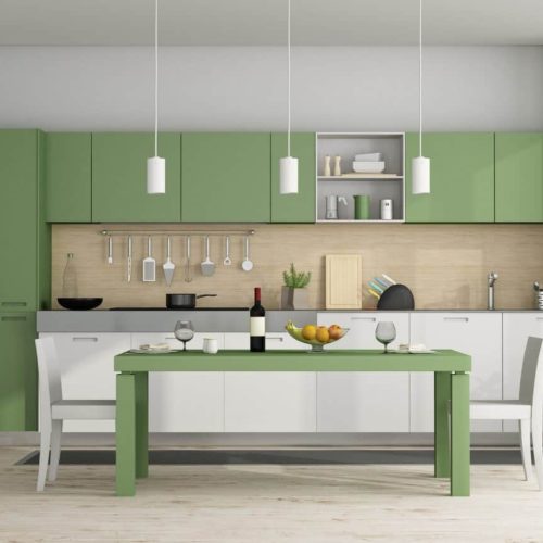Green and white modern kitchen - 3d rendering
